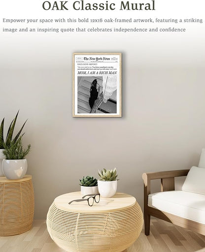 EcoHest Trendy Newspaper Framed Wall Art, 12x16 in OAK Wood Mom I Am a Rich Man Canvas Art, Magazine Girly Poster College Dorm Decor, Beige Logs Set of 1 for Bedroom Living Room
