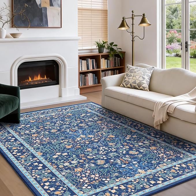 AMADA HOMEFURNISHING 5x7 Area Rug, Washable Living Room Rug with Non-Slip Backing, Low Pile and Durable Edge Binding, Vintage Soft Floral Rugs for Living Room, Bedroom, Dining Room