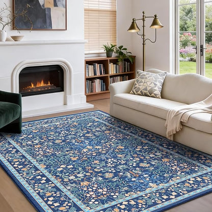 AMADA HOMEFURNISHING 5x7 Area Rug, Washable Living Room Rug with Non-Slip Backing, Low Pile and Durable Edge Binding, Vintage Soft Floral Rugs for Living Room, Bedroom, Dining Room