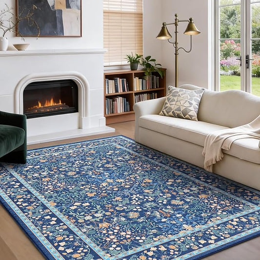 AMADA HOMEFURNISHING 5x7 Area Rug, Washable Living Room Rug with Non-Slip Backing, Low Pile and Durable Edge Binding, Vintage Soft Floral Rugs for Living Room, Bedroom, Dining Room