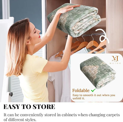MUJOO Boho Rug 4'x6.5' Area Rugs for Bedroom Living Room Dining Room Green Small Rugs Machine Washable Non Slip Carpet for Office Dorm Bedside Kitchen Laundry Room Accent Soft Floral