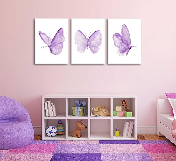 3Pcs Butterfly Canvas Wall Art Purple Butterfly Posters Pictures Minimalist Cute Animal Paintings Aesthetic Preppy Room Prints for Girls Bedroom Nursery Home Wall Decor Gift Framed