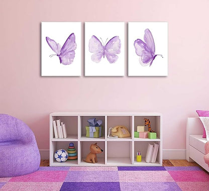 3Pcs Butterfly Canvas Wall Art Purple Butterfly Posters Pictures Minimalist Cute Animal Paintings Aesthetic Preppy Room Prints for Girls Bedroom Nursery Home Wall Decor Gift Framed