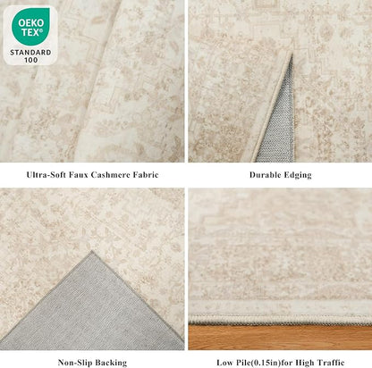 3x10 Ft Hallway Runner Rug – Non-Slip Washable Long Carpet Runner for Kitchen Indoor Entryway & Bathroom, Vintage Distressed Low Pile Thin Floor Mat (Ivory Beige)