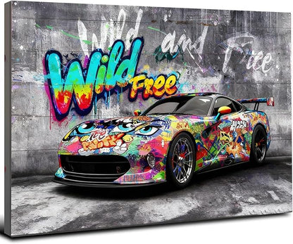 12x16 Modern Graffiti Sports Racing Car Canvas Wall Art Framed Urban Street Painting Car Poster for Teen Boys Room Pop Funny Home Decor Kids Bedroom Cool Posters Living Room Prints