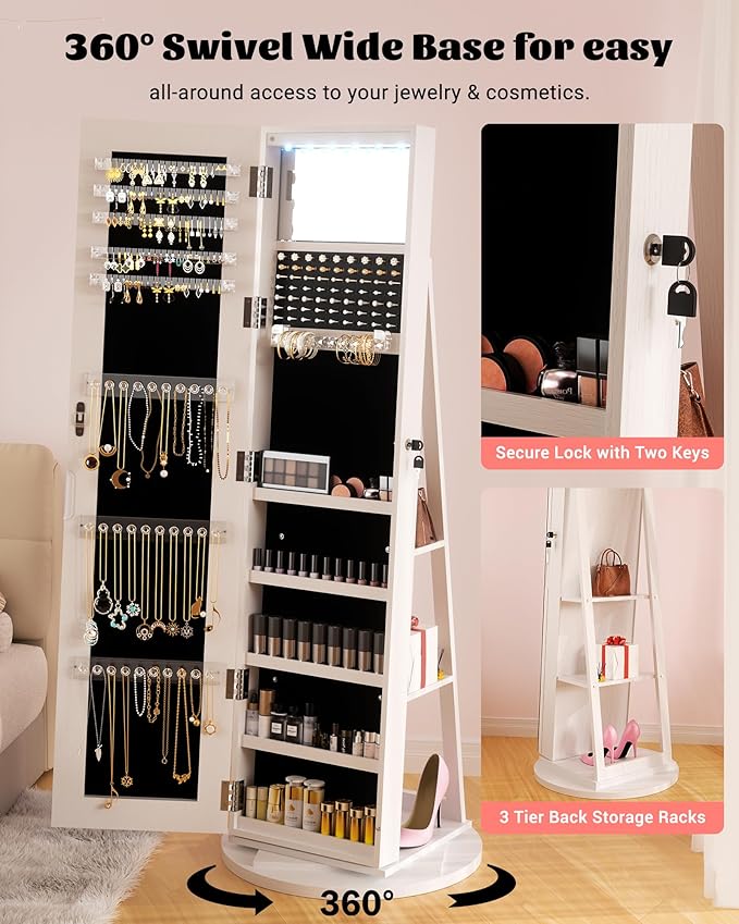 6 LEDs Jewelry Armoire with Frameless Full-Length Mirror, 360° Swivel Jewelry Cabinet Standing with 3 Back Shelves, Jewelry Organizer with Storage Lockable for Women Gift, White
