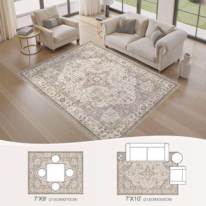 EIEIHOUSE Washable Area Rugs for Living Room -7x10 Neutral Vintage Distressed Floral Farmhouse Boho Large Soft Floor Rug Indoor Non Slip Carpet for Living Room Bedroom Dining Room Office-Brown/Multi