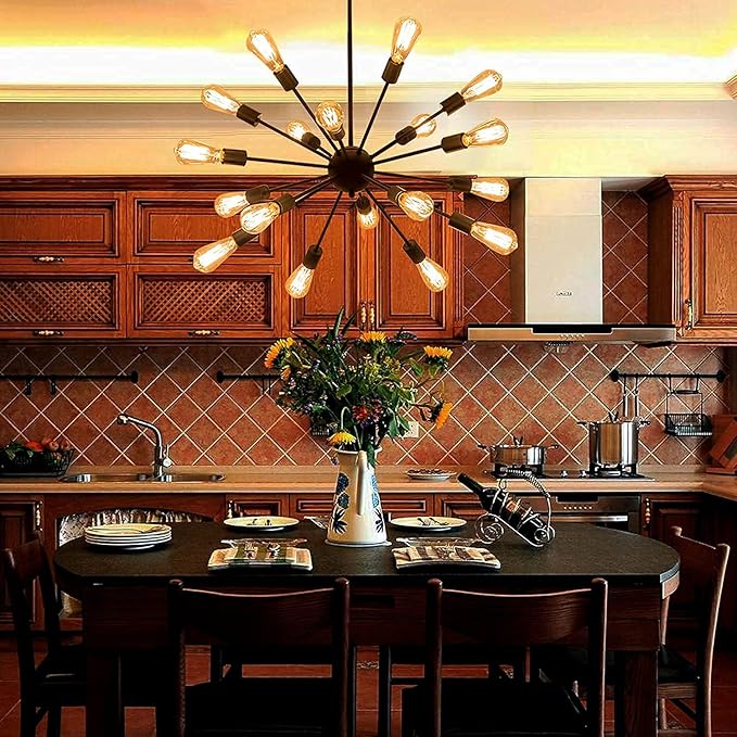 Sputnik Chandeliers Black, Modern 18-Light Farmhouse Pendant Light Mid Century Starburst Lighting Vintage Industrial Ceiling Hanging for Living Dining Room, Bedroom, Kitchen Island, Foyer, Hallway