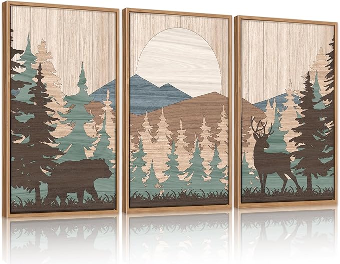 CHDITB Woodland Bear Moose Framed Wall Art(Set of 3, 24"x36"), Retro Wildlife Wild Animals Nature Forest Artwork Painting, Large Cabin Hunting Adventure Mountain Sun Posters Print for Nursery Boy Room