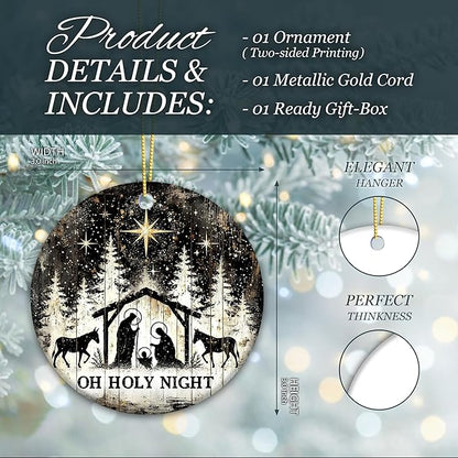 Oh Holy Night Nativity Ornament 2025 – Gift for Congregation, Rustic Christian Décor Featuring Manger Scene with Baby Jesus, Mary, Joseph, Star of Bethlehem, Religious Keepsake for Faith-Based