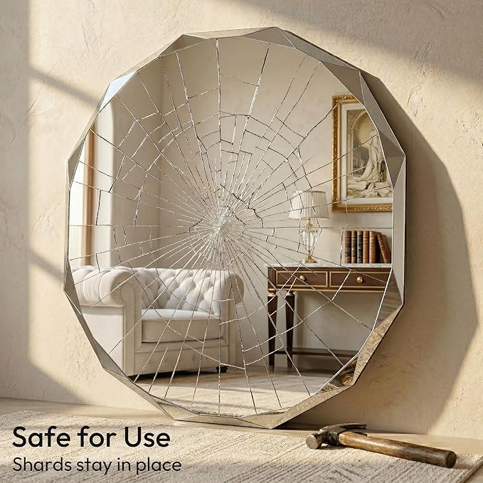 36x30 Large Capsule Vanity Mirror for Wide Sink, Luxury Diamond-Faceted Wall Mirror, Frameless Oblong Mirror for Mantle, Horizontal/Vertical