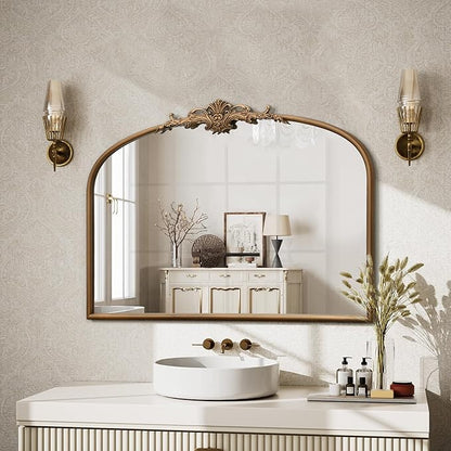 Besdomus Vintage Arched Gold Mirror: 32"x24" French Large Gold Vintage Wall Mounted Mirror - Baroque Traditional Ornate for Bedroom/Fireplace/Bathroom/Hallway - Wall Decor for Fashion-Conscious