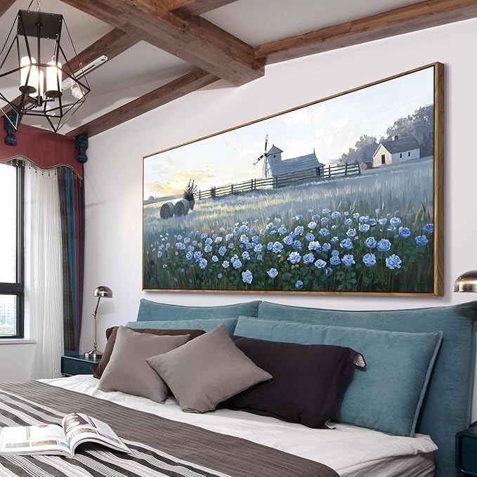 Oversize Framed Modern Wall Art, Natural Landscape Canvas Picture, Blue Rustic Farm Windmill And Floral Artwork For Living Rooms, Bedrooms, Hallways, Balconies, Dining Rooms, And Offices. 58X29 Inches.