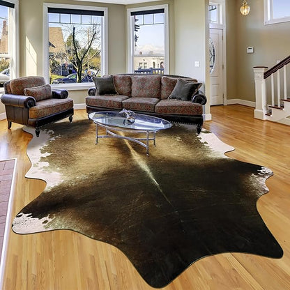 Large Washable Non Slip Faux Cowhide Rug 6x7 Brindle and White, Speckled Cow Print Area Rugs for Living Room, Cruelty-Free Animal Skin Carpet, Western Rustic Room Decor Aesthetic