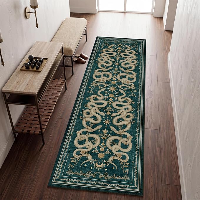 Garvee Snake Gothic Washable Kitchen Runner Rug 2x6 Dark Whimsical Unique Soft Thin Indoor Floor Mat for Bathroom Hallway Entryway Bedroom Indoor Decor Low Pile Non-Slip TPE Backing Blue Green