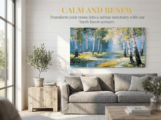 Ardemy Birch Forest Stream Canvas Wall Art, 40"x20" Hand-Painted Texture Landscape Painting with Wildflowers, Calming Nature Scenery for Living Room Bedroom Bathroom Home Office Decor
