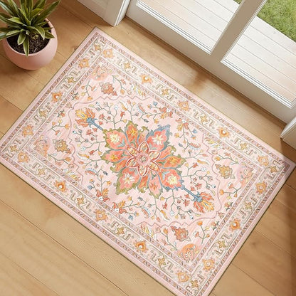 RELEANY Area Rugs 2'x3' Kitchen Rugs Entry Rug Small Rugs for Entryway Kitchen Bathroom Door Mat Indoor Entrance,Washable Non Slip, Light Pink Colorful