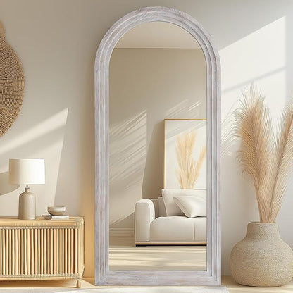 MELOMOIR Arched Full Length Mirror with Solid Wood Frame, 71"x32" Rustic Farmhouse Large Floor Mirror with Stand, Free Standing Leaning Hanging, for Bedroom Living Room Dressing Room, Distressed White