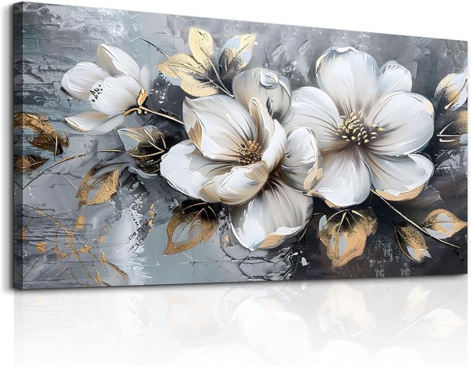 KELIYUAN Large Canvas Wall Decor Living Room For Wall Art For Bedroom Office Decorations Abstract White Flowers Wall Paintings Pictures Artwork Modern Framed Posters Home Decor Aesthetic 30"x60"