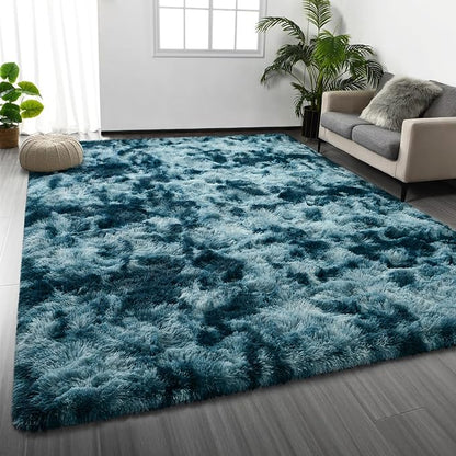Deerhoo Large Shag Area Rugs 5 x 8, Tie-Dyed Plush Fuzzy Rugs for Living Room, Ultra Soft Fluffy Furry Rug for Bedroom, Indoor Carpet Nursery Rugs for Kids Room Home Decor, Peacock Blue