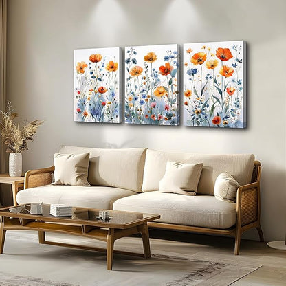 TTHYUEWS Boho Wall Art for Living Room & Bedroom - Modern Wall Decorations - 3 Piece Set - Flowers Watercolour Paintings & Posters - Home Decor