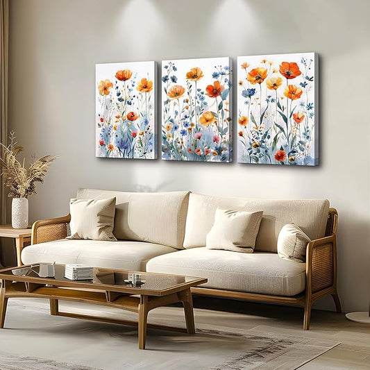 TTHYUEWS Large Canvas Wall Decor for Living Room Boho Wall Art for Bedroom Kitchen Family Room Wall Pictures Artwork Flowers Watercolour Paintings Modern Home Decor 3 Pieces