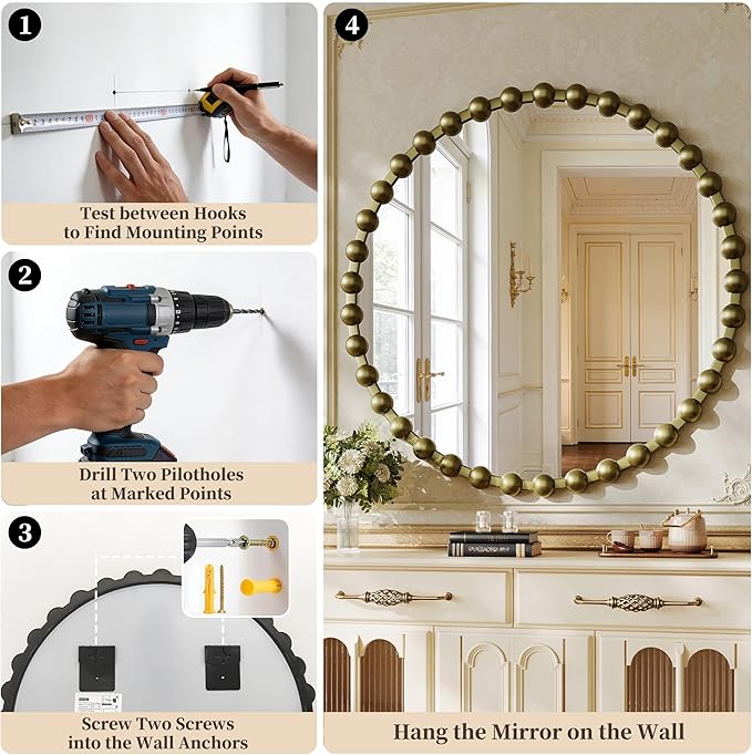 Round Mirror for Wall, 36 Inch Bronze Round Vanity Mirror with Beaded Frame, Modern Decorative Wall Mirror for Bathroom, Entryway, Bedroom, Living Room, Shatter-Proof Tempered Glass, Bronze