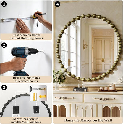 Round Mirror for Wall, 36 Inch Bronze Round Vanity Mirror with Beaded Frame, Modern Decorative Wall Mirror for Bathroom, Entryway, Bedroom, Living Room, Shatter-Proof Tempered Glass, Bronze