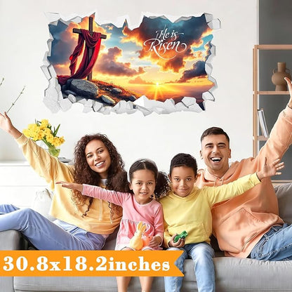 Easter Wall Decoration Stickers He is Risen Wall Art Vinyl Decals Peel and Stick 3D Broken Cross Landscape Stickers Religious Christian Art Murals for Spring Holiday Living Room Kitchen Supplies