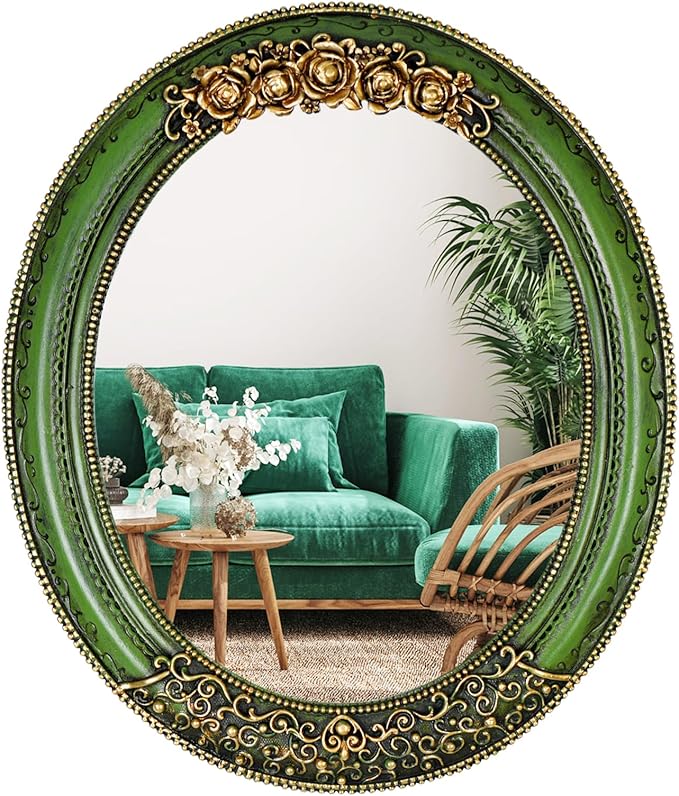 Oval Resin Vintage Mirror, Wall Mounted Decorative Mirror for Entryway, Hallway, Bedroom Oval Mirror 11.8x10 inch (Green)