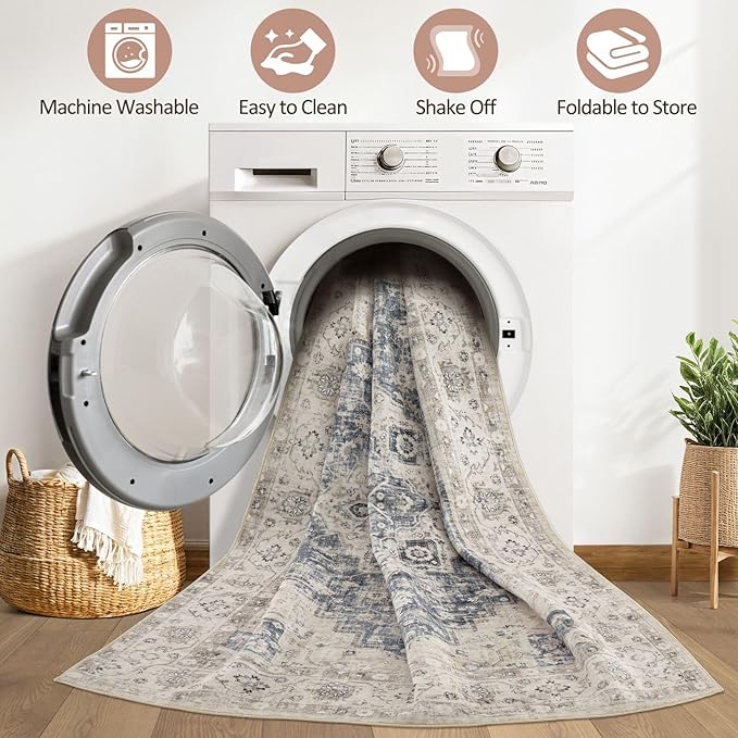 8x10 Area Rugs Living Room: Washable Boho Large Neutral Vintage Soft Rug Stain Resistant Distressed Farmhouse Non-Slip Indoor Floor Carpet for Bedroom Nursery Kids Office Dining Room- Brown Blue
