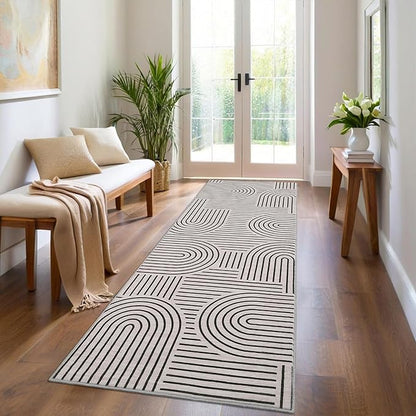 Modern Rug 2.5x10 Runners for Hallways, Abstract Kitchen Runner Rugs Non Slip Bath Runner, Rainbow Washable Rug for Bedroom, Soft Long Rugs for Entryway Bathroom Laundry Dorm, Blackwhite