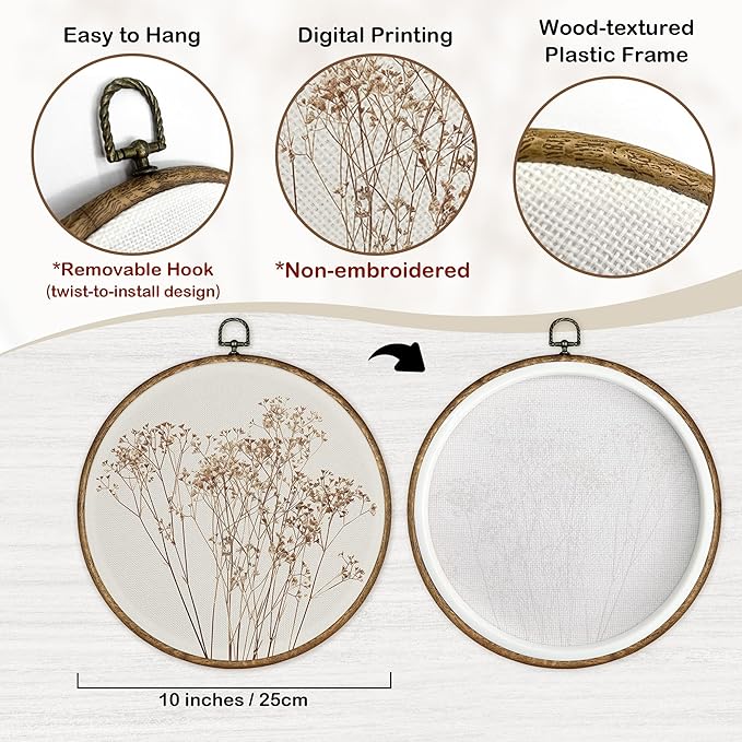TLESKE Beige Fall Rustic Botanical Round Wall Art Decor, Autumn Boho Wildflower Floral Framed Canvas Prints Artwork, Neutral Vintage Wall Hanging Door Decor for Farmhouse Bedroom Living Room, Home Décor Products 10x10