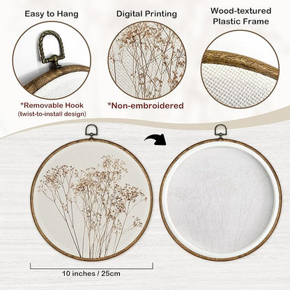 TLESKE Beige Fall Rustic Botanical Round Wall Art Decor, Autumn Boho Wildflower Floral Framed Canvas Prints Artwork, Neutral Vintage Wall Hanging Door Decor for Farmhouse Bedroom Living Room, Home Décor Products 10x10