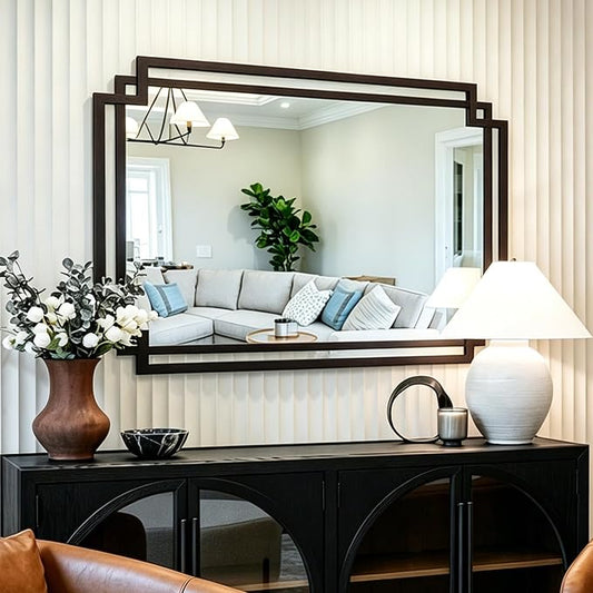 32" x 47" Large Wall Mirror for Living Room Decor, Black Decorative Mirror with Irregular and Rectangular Metal Frame, Horizontal/Vertical Hanging Mirror for Bathroom, Entrance