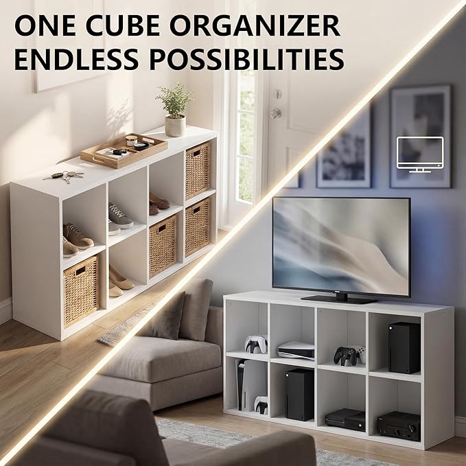 YESHOMY Modern TV Stand for Televisions up to 55 Inch, Mind Century Entertainment Center with 8 Open Shelves for 32/43/50/55 Inchs TVs, Media Furniture for Living Room, White
