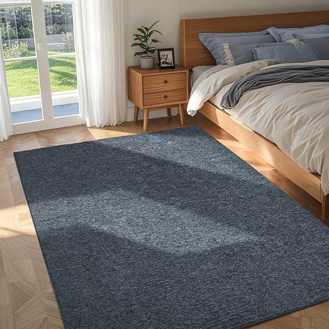 FinRèc 4x6 Washable Area Rugs for Bedroom Living Room, Low Pile Thin Rug Solid Color, Non-Slip Carpet Indoor for Home Decor (Grey Blue/White)