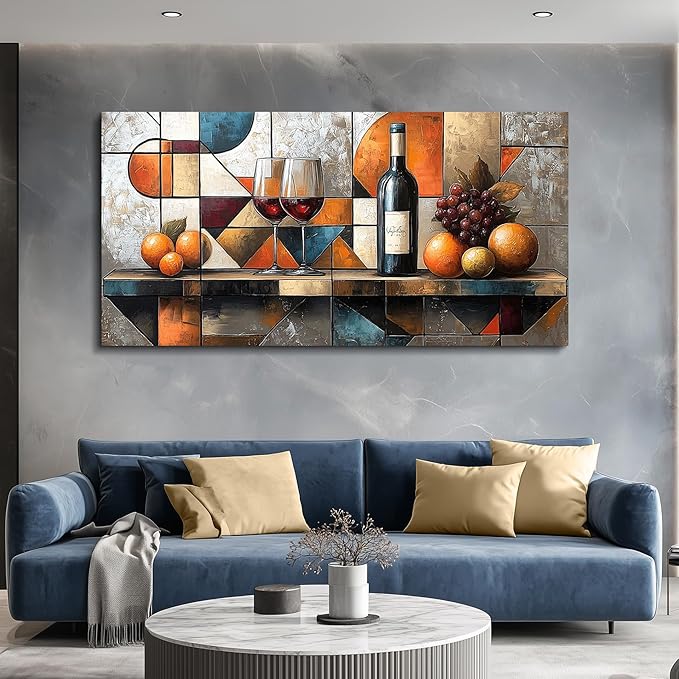 hyidecorart Wine Glass Fruit Painting Still Life Large Canvas Wall Art For Kitchen Wall Decor For Living Room Dining Room Decorations Geometry Abstract Picture Artwork Bar Posters Home Decor 24"x48"