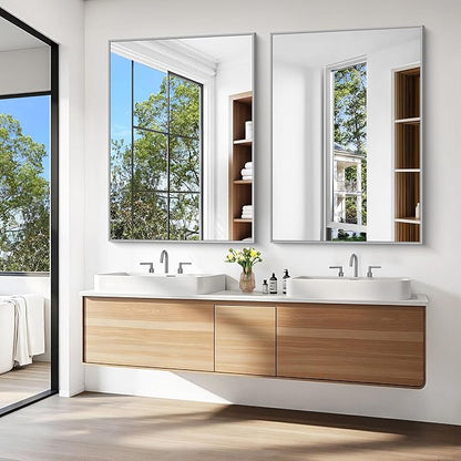 KOCUUY Silver Bathroom Mirror, 48"x36" Large Rectangle Bathroom Mirror for Wall, HD Tempered Glass, Anti-Rust Brushed Silver Frame, Modern Design for Bathroom, Bedroom, Hang Horizontal/Vertical