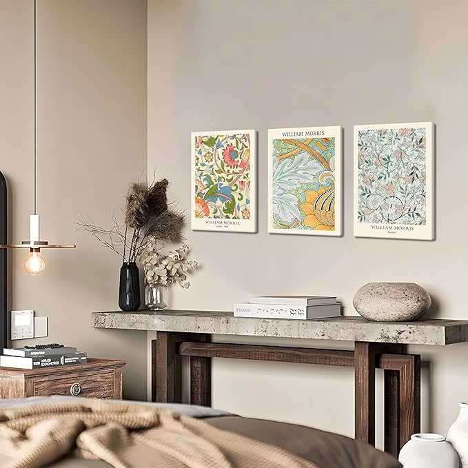 William Morris Vintage Floral Canvas Paintings - Abstract Wall Art Prints Set of 3, 12x16 in Framed, Modern Eclectic Wall Decor for Living Room, Bathroom, Bedroom, Office