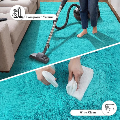 Teal Blue Rug Fluffy Rugs, 2x6 Teal Area Rugs for Bedroom, Soft Cute Baby Play Mat, Indoor Floor Carpet for Teen, Nursery, Preppy Dorm, Plush Aesthetic Bedside Rug
