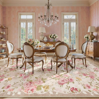 Lahome Floral Washable Rugs 9x12, Large Area Rugs 9x12 Living Room,Soft Non-Slip Thin Vintage Boho Bedroom Carpet for Dining Room Playroom Nursery Farmhouse, Nina Beige/Pink/Multi