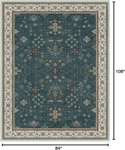 Hazo Haus Vintage Dark Green 7x9 Dining Room Rugs for Under Kitchen Table - Washable Livinig Room Rug - Unique Floral Pastel Low Pile Non-Slip Area Rugs for Bedroom