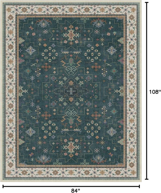 Hazo Haus Vintage Dark Green 7x9 Dining Room Rugs for Under Kitchen Table - Washable Livinig Room Rug - Unique Floral Pastel Low Pile Non-Slip Area Rugs for Bedroom