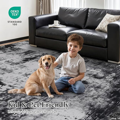 Rugflix 5x7 Area Rugs for Living Room, Washable Large Rug Stain-Resistant Low Pile, Modern Dark Carpet for Dining Room Home Office Kid Room Nursery Bedroom, Black Grey