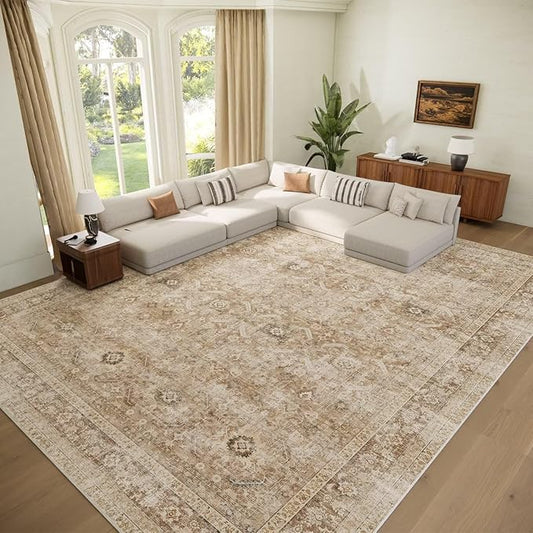 Washable 10x14 Area Rugs for Living Room, Boho Non-Slip Vintage Distress Large Rugs for Bedroom Dining Room Office, 0.3" Neutral Oriental Throw Thin Carpet, Brown/Multi, C1