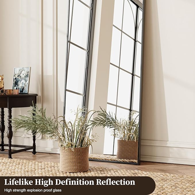 57"x21" Arched Full Length Mirror, Brushed Black Aluminum Frame Floor Mirror with Stand, HD Shatterproof Glass & Rust-Proof Body Mirror for Bedroom, Living Room, Bathroom, Entryway