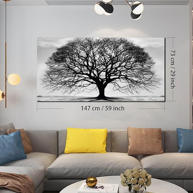 Prepeyssee Tree of Life Wall Art Large Artwork Black and White Wall Art Modern Landscape Nature Canvas Prints Decor for Living Room Bedroom Office Ready to Hang 29"x59"