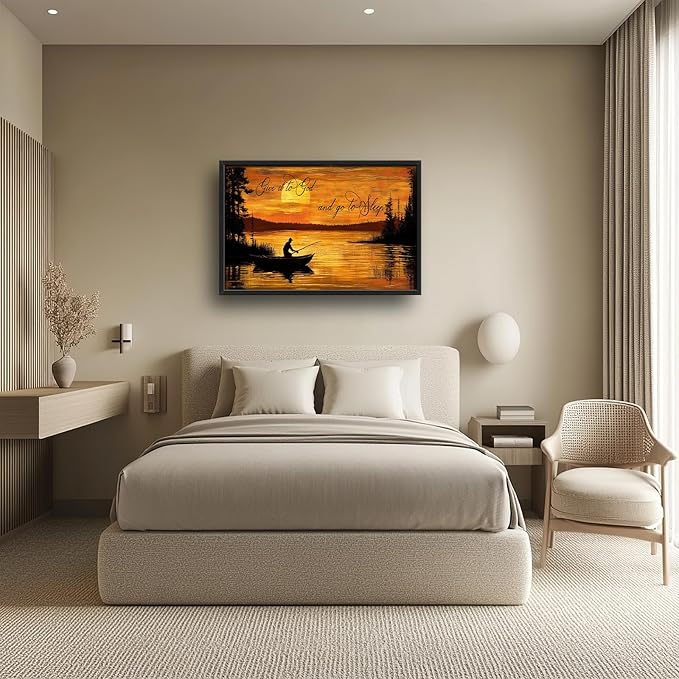 Fishing Large Wall Art for Living Room Farmhouse Give It to God and Go to Sleep Canvas Decor Rustic Fisherman Prints Painting Pictures Extra Large Farm Fish Sunset Framed Artwork for Bedroom 24"x36"