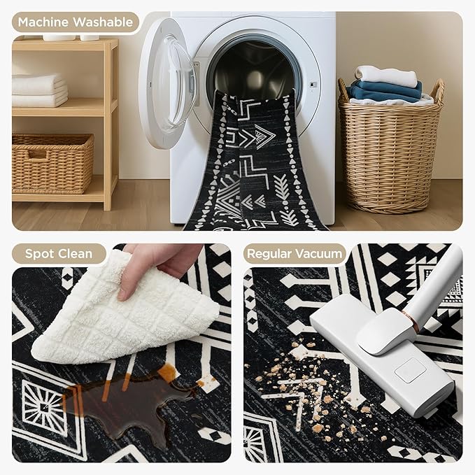 Joydeco Moroccan 5x7 Western Black and White Rugs for Living Room, Washable Soft Aztec Rug for Bedroom, Low Pile Distressed Modern Carpet for Dining Room Playroom Office Home Decor